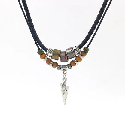 Stacked Artificial Leather Rope Beaded Necklace Men Vintage Layered Tribal Arrow Pendant Necklace for Men Jewelry Collar Hombre