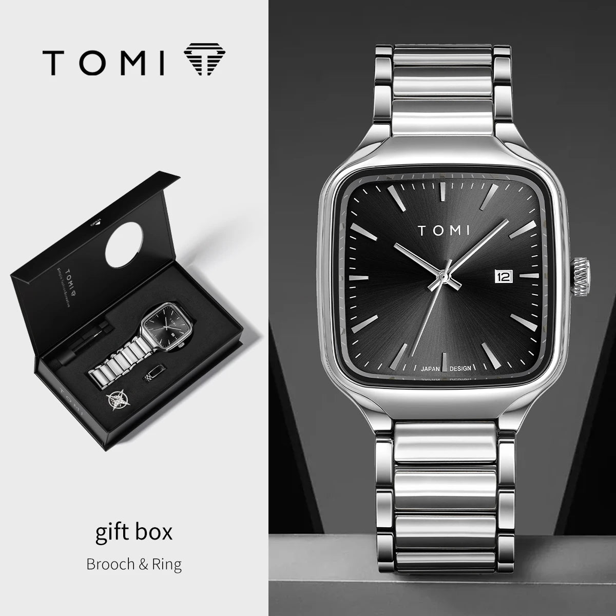 שעון קוורץ לגברים של TOMI.
אופנתי, חפתים , טבעת, שעון קופסה כמתנה לגברים.