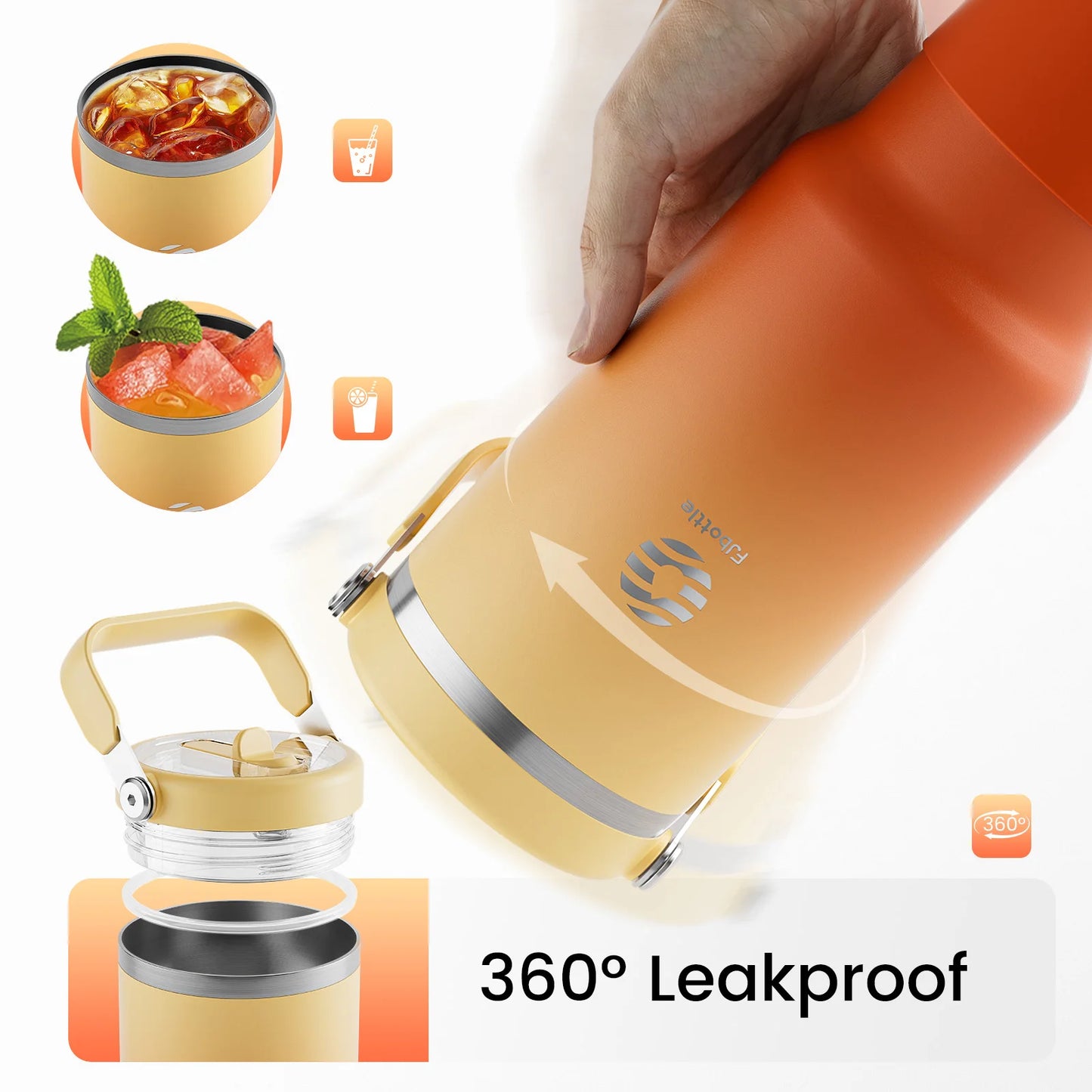 כוס ואקום Fjbottle עם מכסה קש, כוס קפה נירוסטה 1200 מ"ל עם ידית, ספל נסיעות בקבוק ריק בקבוק מים לרכב