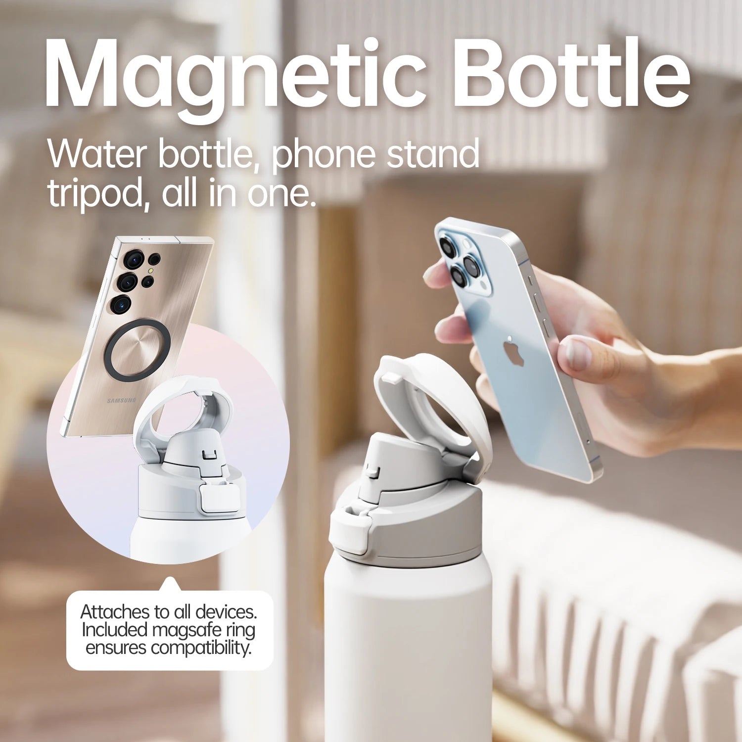 Fjbottle 710/950Ml Magnetic Lid Insulated Water Bottle with Phone Mount, Thermal Water Bottle for Outdoor