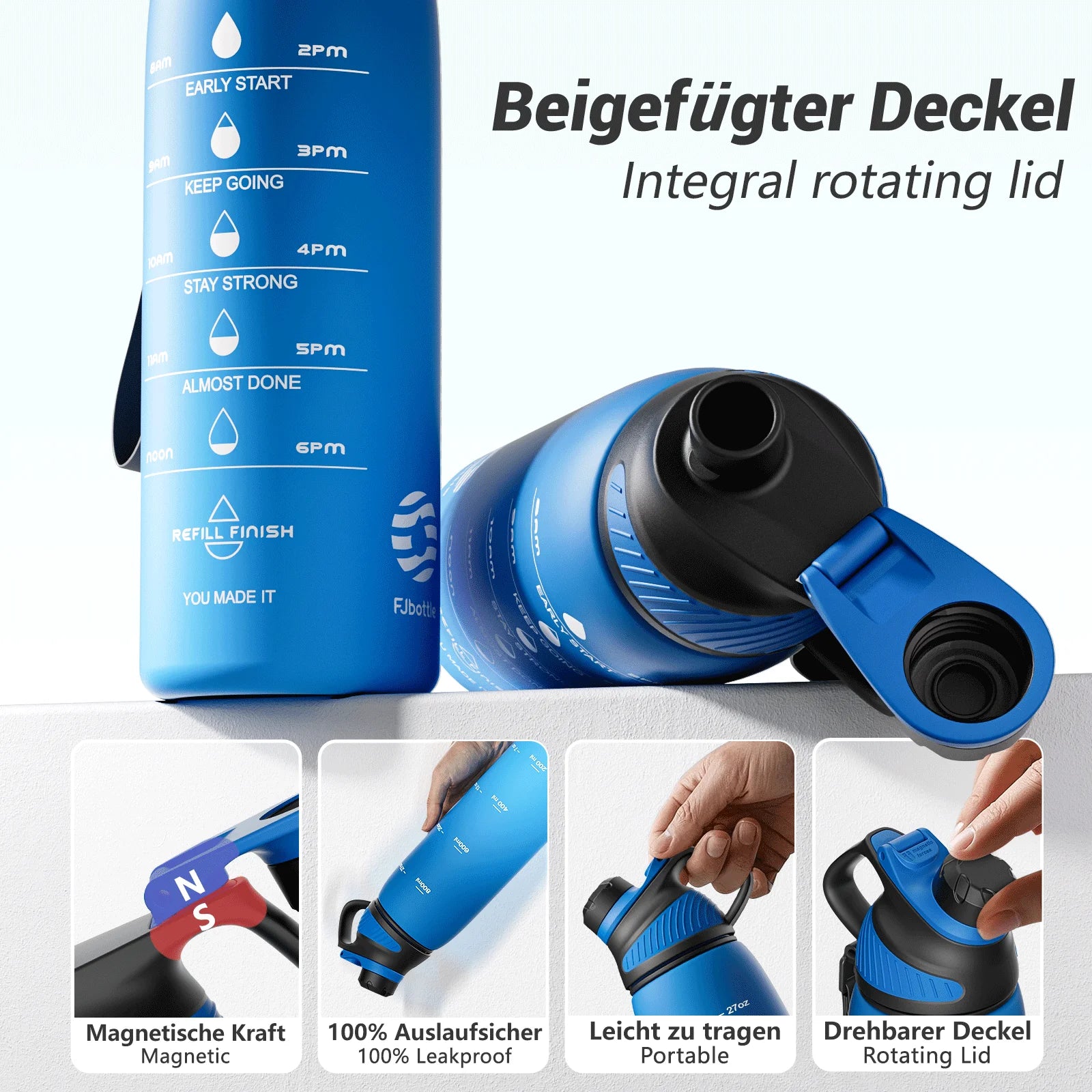 Fjbottle Plastic Water Bottle with Magnetic Lid, Leakproof Sports Water Bottle with Carry Strap BPA-FREE 1000Ml