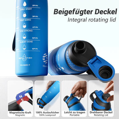 Fjbottle Plastic Water Bottle with Magnetic Lid, Leakproof Sports Water Bottle with Carry Strap BPA-FREE 1000Ml