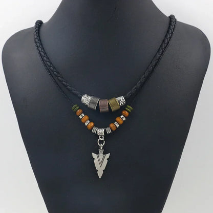 Stacked Artificial Leather Rope Beaded Necklace Men Vintage Layered Tribal Arrow Pendant Necklace for Men Jewelry Collar Hombre