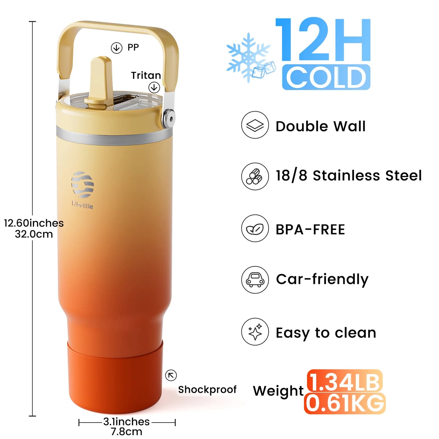 כוס ואקום Fjbottle עם מכסה קש, כוס קפה נירוסטה 1200 מ"ל עם ידית, ספל נסיעות בקבוק ריק בקבוק מים לרכב