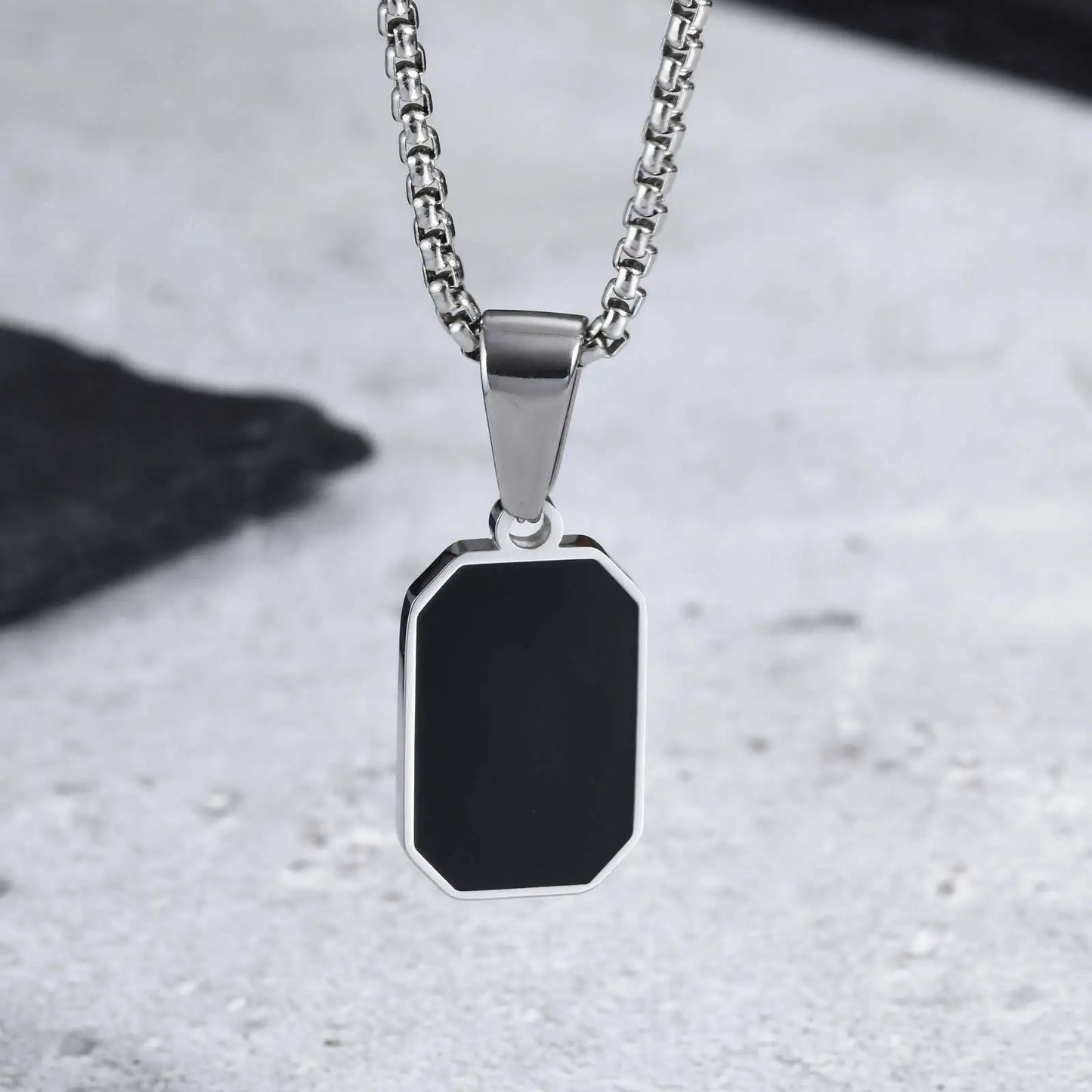 Stylish Men'S Black Enamel Necklace,Stainless Steel Geometric Square Small Dogtags Necklace,Anniversary Birthday Father Gift