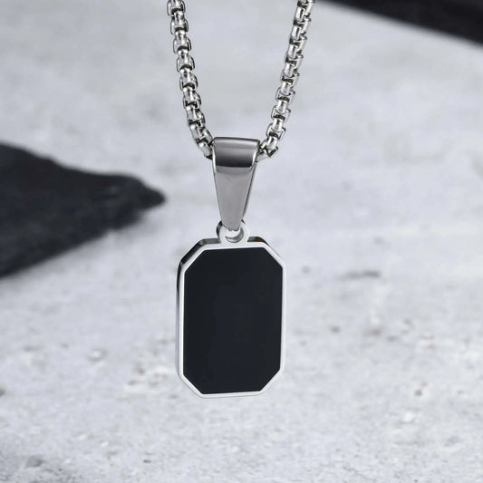 Stylish Men'S Black Enamel Necklace,Stainless Steel Geometric Square Small Dogtags Necklace,Anniversary Birthday Father Gift