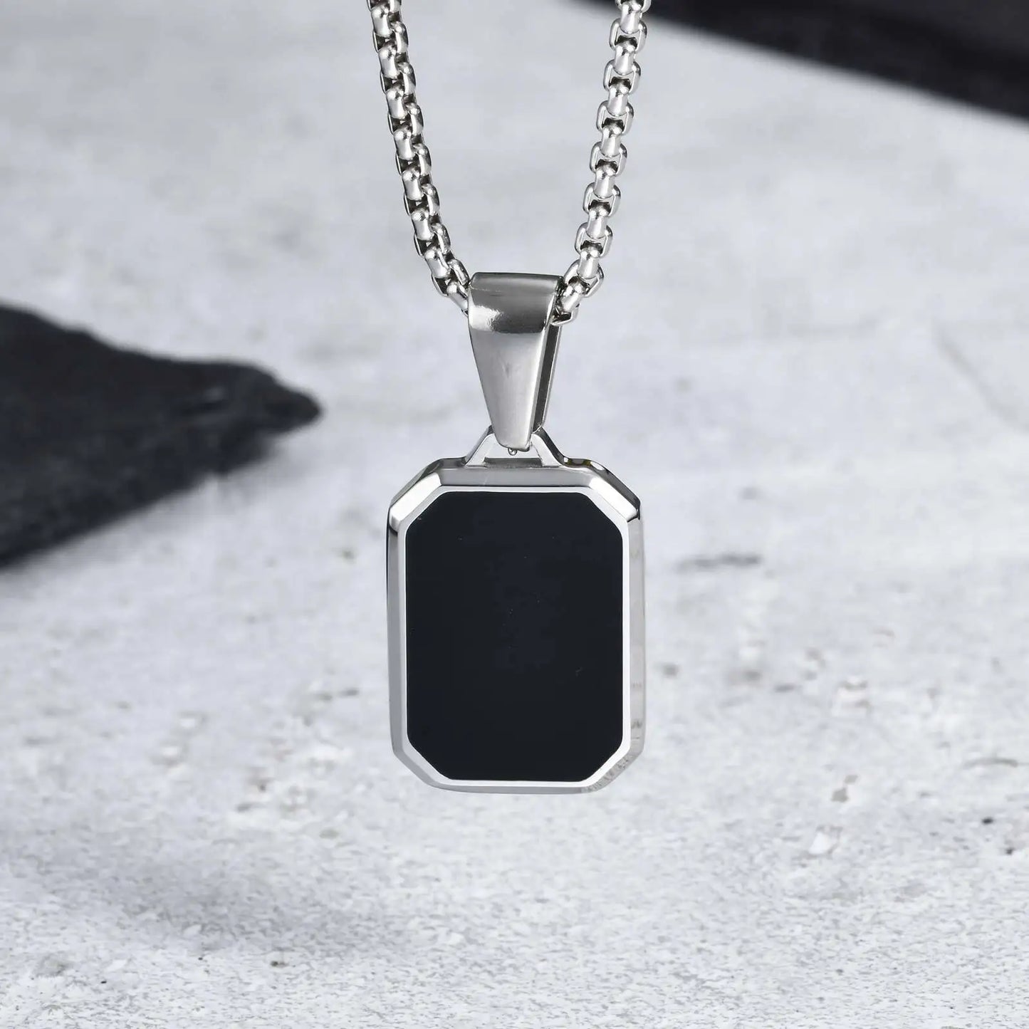 Stylish Men'S Black Enamel Necklace,Stainless Steel Geometric Square Small Dogtags Necklace,Anniversary Birthday Father Gift