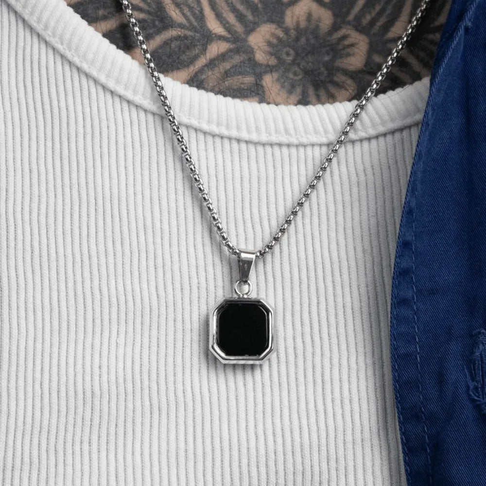 Stylish Men'S Black Enamel Necklace,Stainless Steel Geometric Square Small Dogtags Necklace,Anniversary Birthday Father Gift