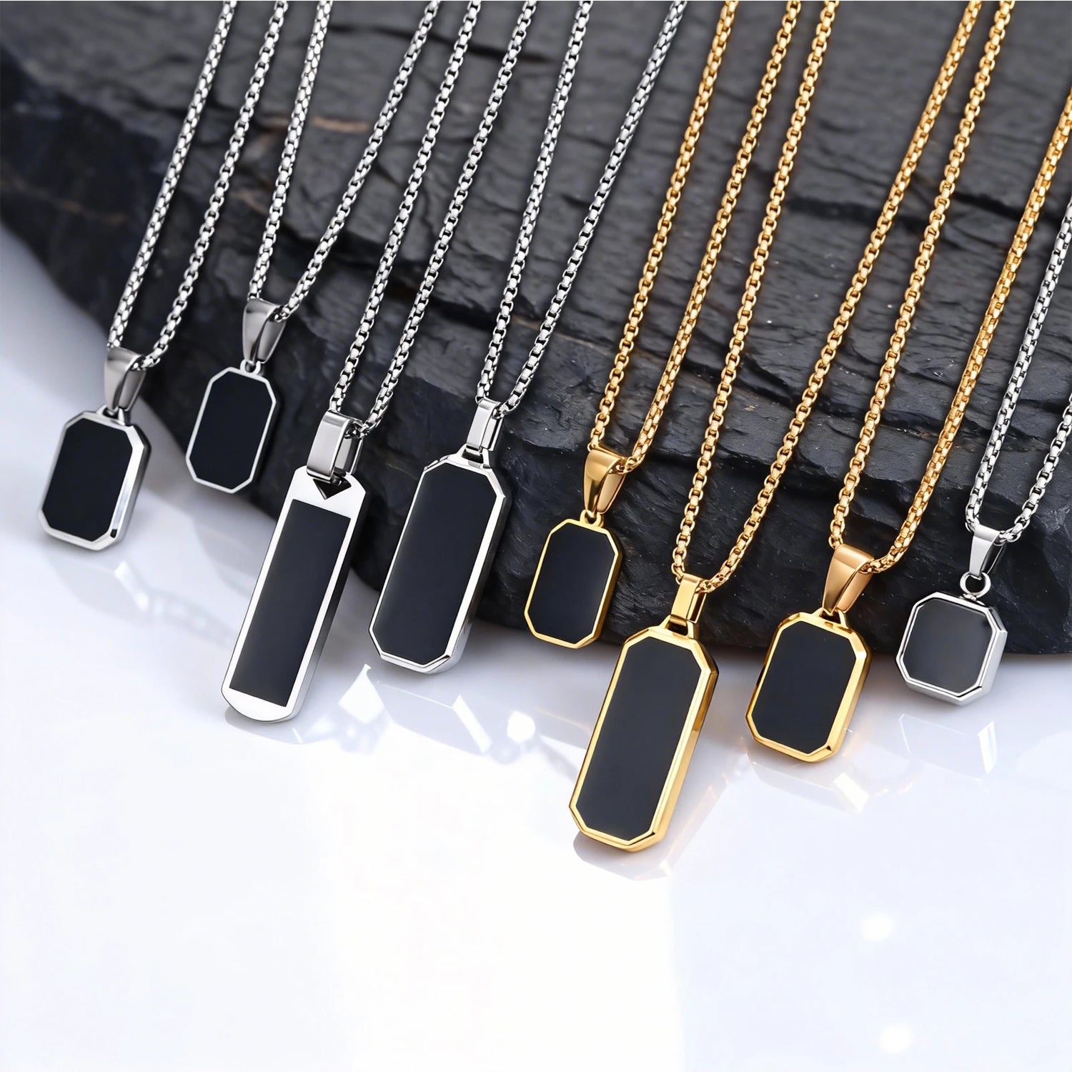 Stylish Men'S Black Enamel Necklace,Stainless Steel Geometric Square Small Dogtags Necklace,Anniversary Birthday Father Gift