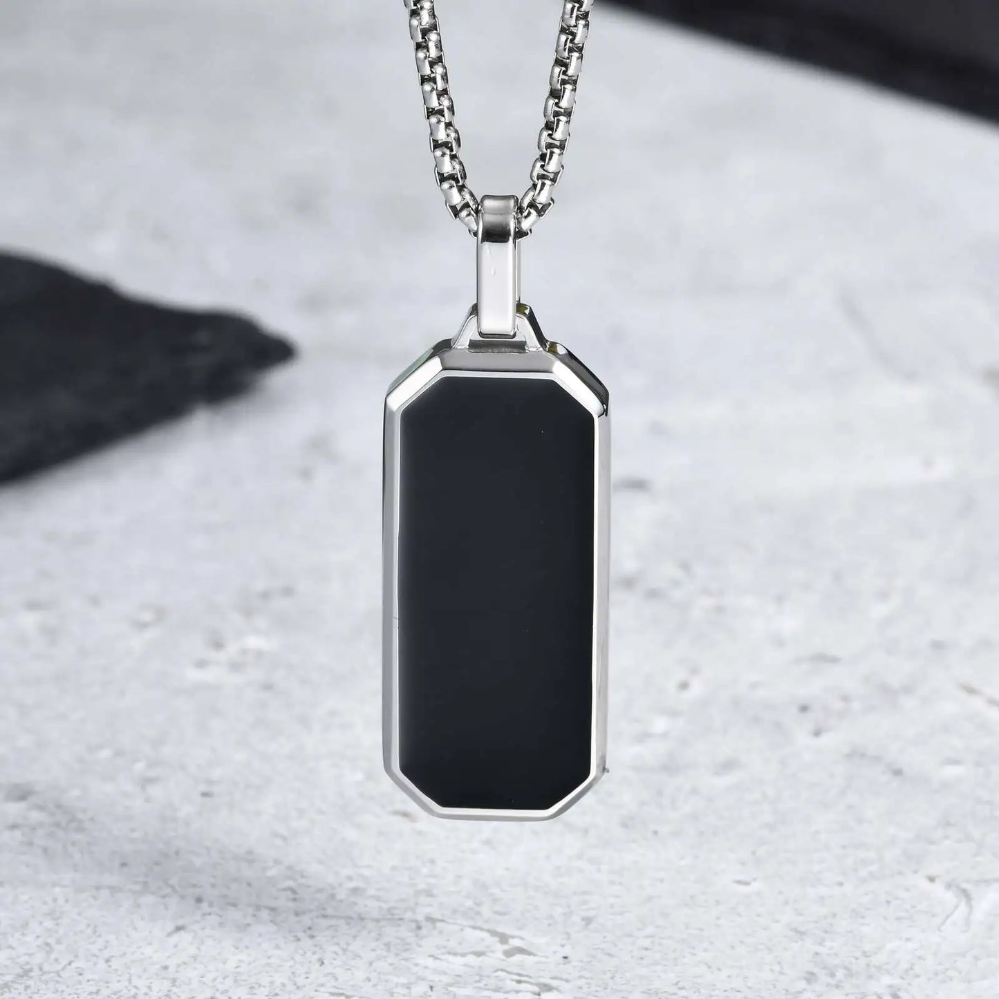 Stylish Men'S Black Enamel Necklace,Stainless Steel Geometric Square Small Dogtags Necklace,Anniversary Birthday Father Gift