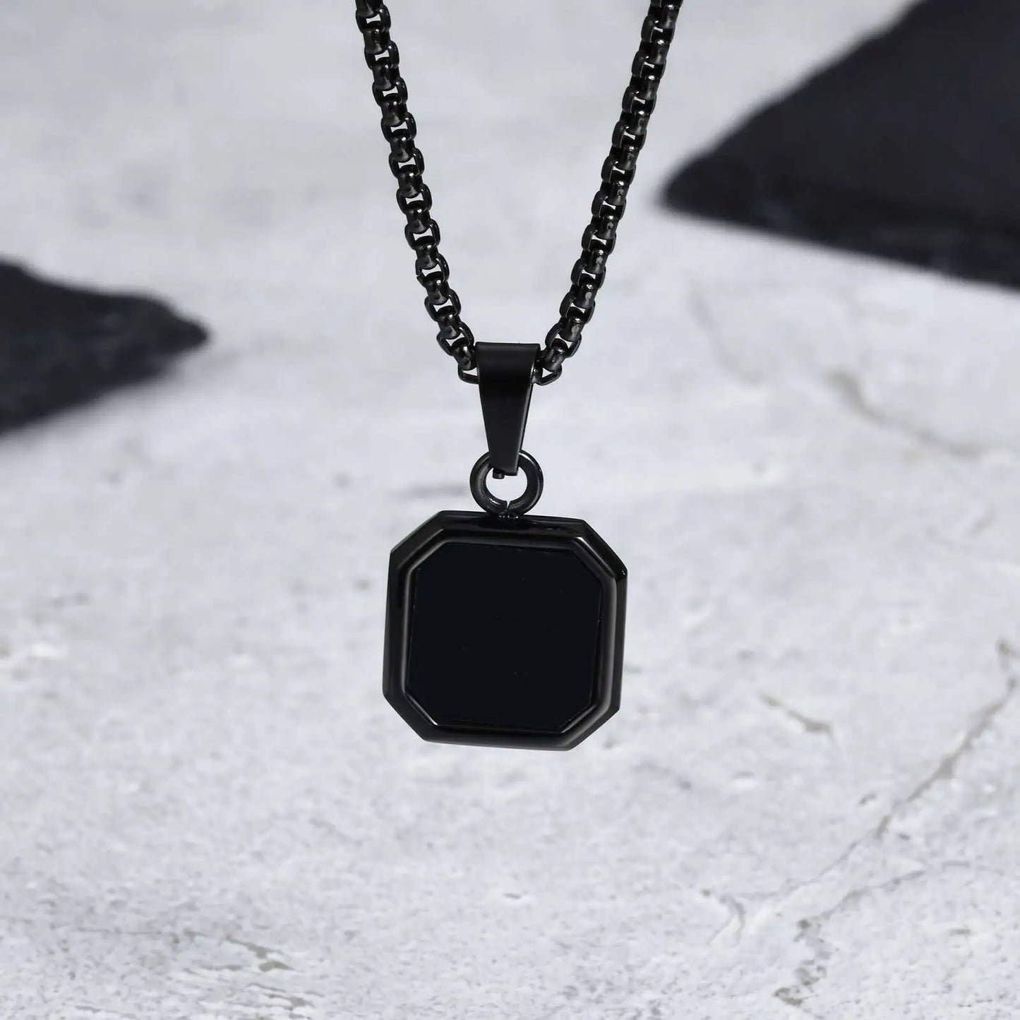 Stylish Men'S Black Enamel Necklace,Stainless Steel Geometric Square Small Dogtags Necklace,Anniversary Birthday Father Gift