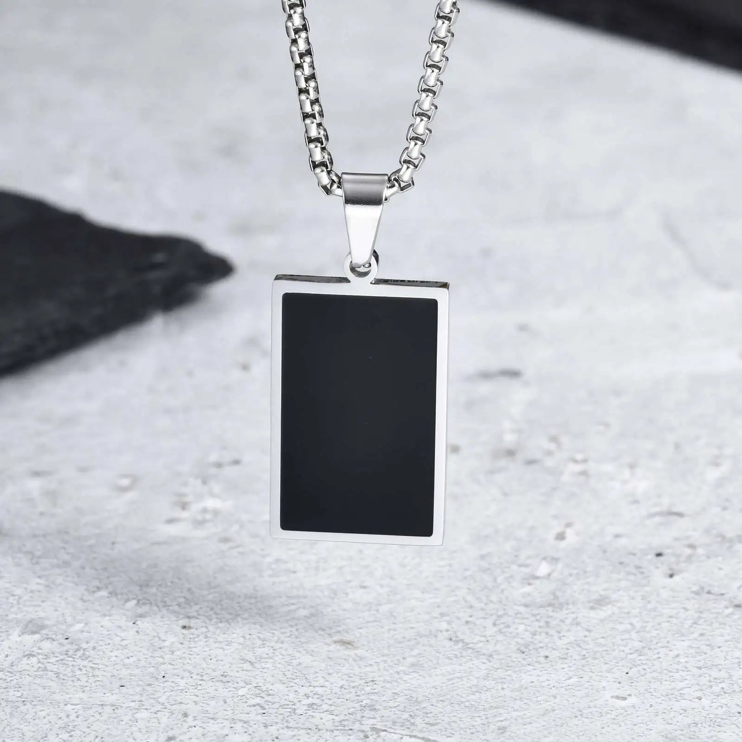 Stylish Men'S Black Enamel Necklace,Stainless Steel Geometric Square Small Dogtags Necklace,Anniversary Birthday Father Gift