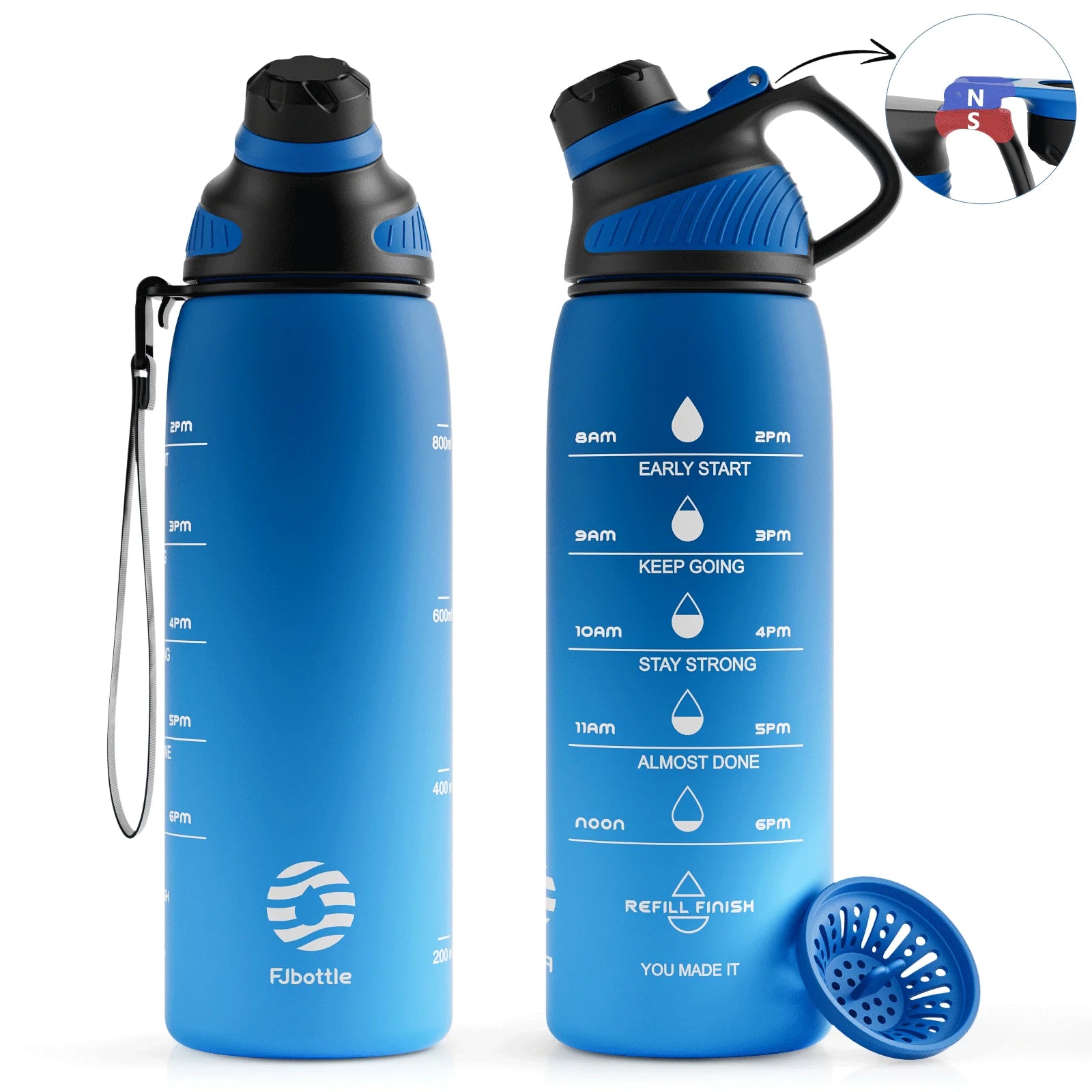 Fjbottle Plastic Water Bottle with Magnetic Lid, Leakproof Sports Water Bottle with Carry Strap BPA-FREE 1000Ml