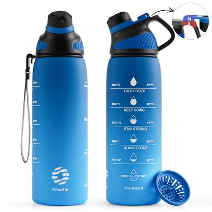 Fjbottle Plastic Water Bottle with Magnetic Lid, Leakproof Sports Water Bottle with Carry Strap BPA-FREE 1000Ml