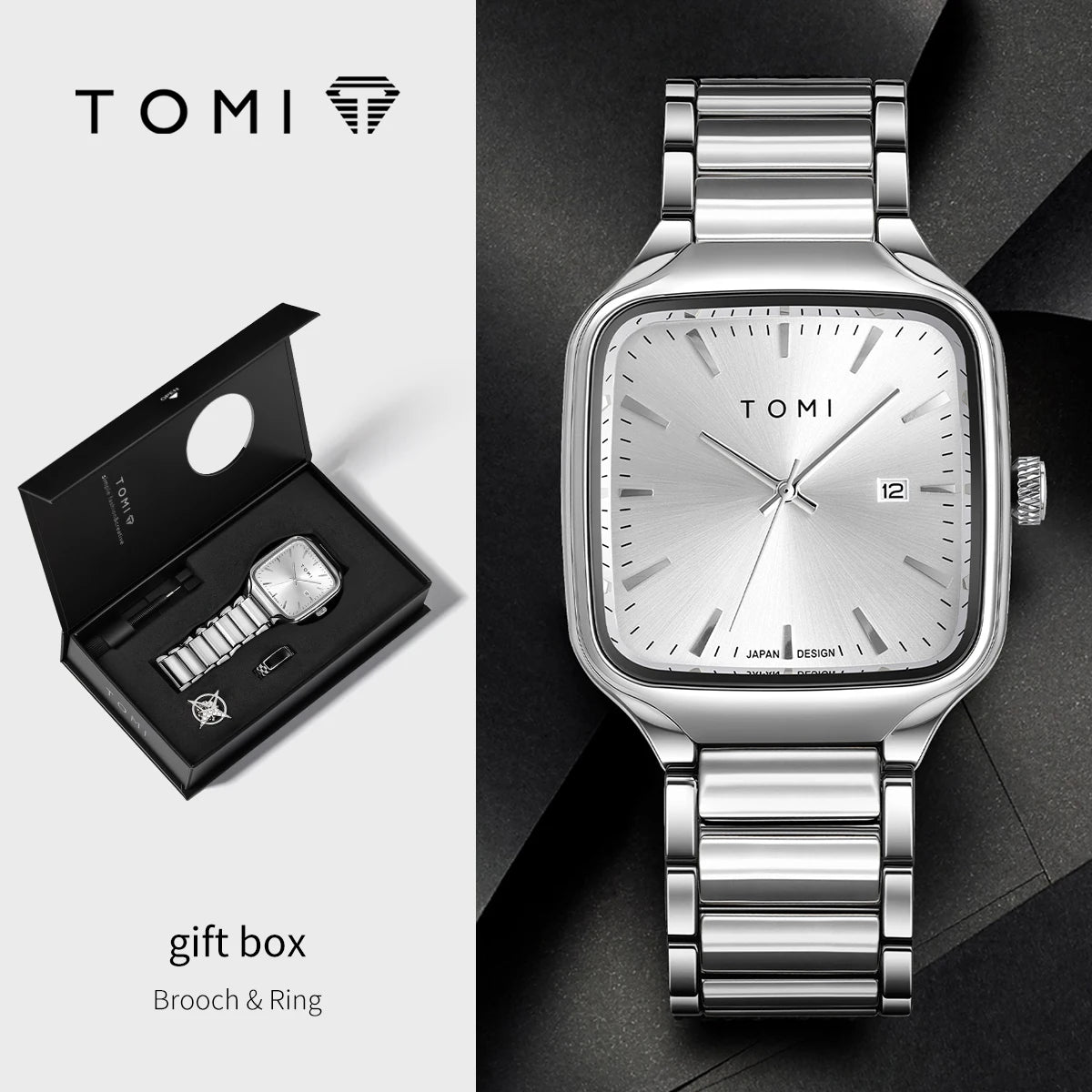 שעון קוורץ לגברים של TOMI.
אופנתי, חפתים , טבעת, שעון קופסה כמתנה לגברים.