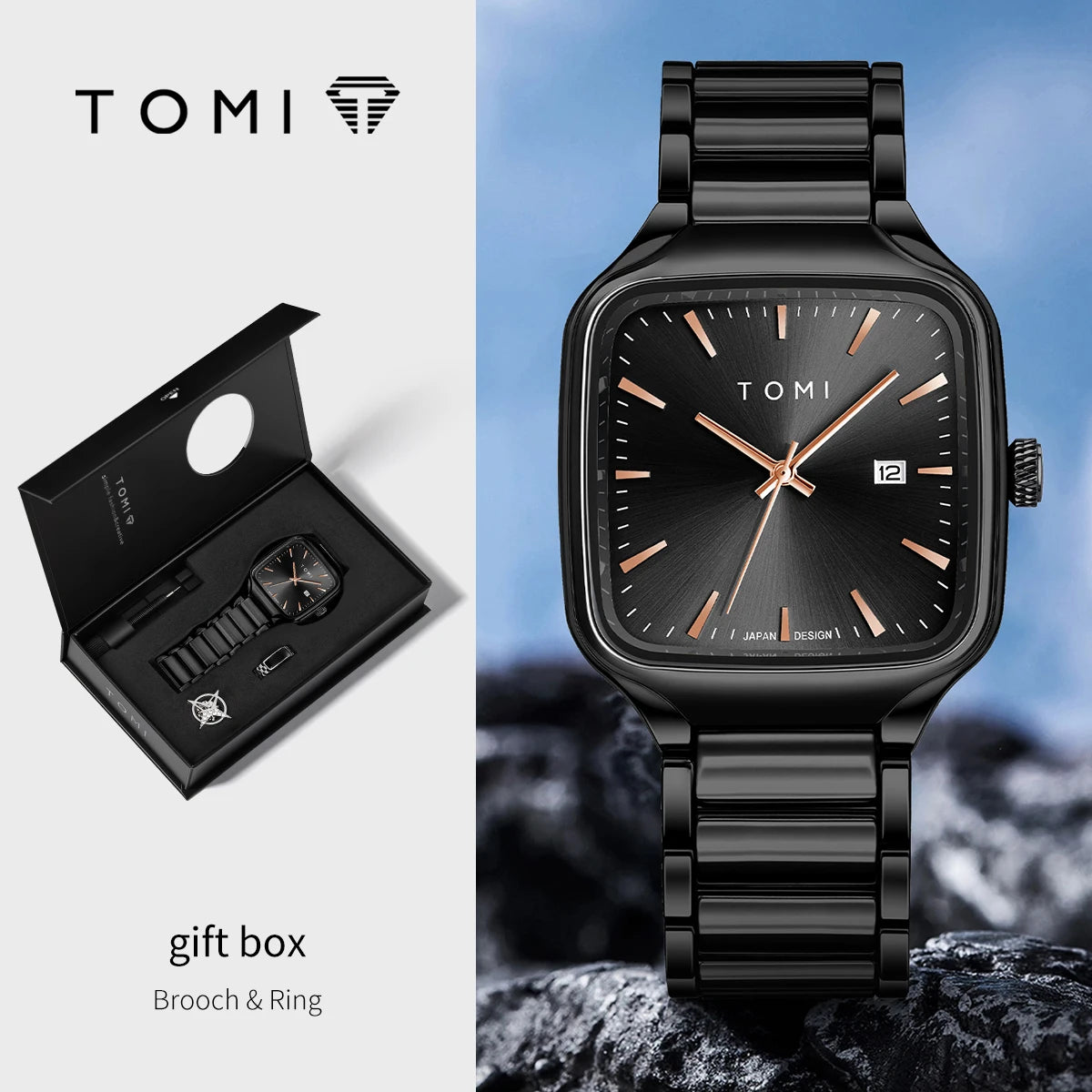 שעון קוורץ לגברים של TOMI.
אופנתי, חפתים , טבעת, שעון קופסה כמתנה לגברים.