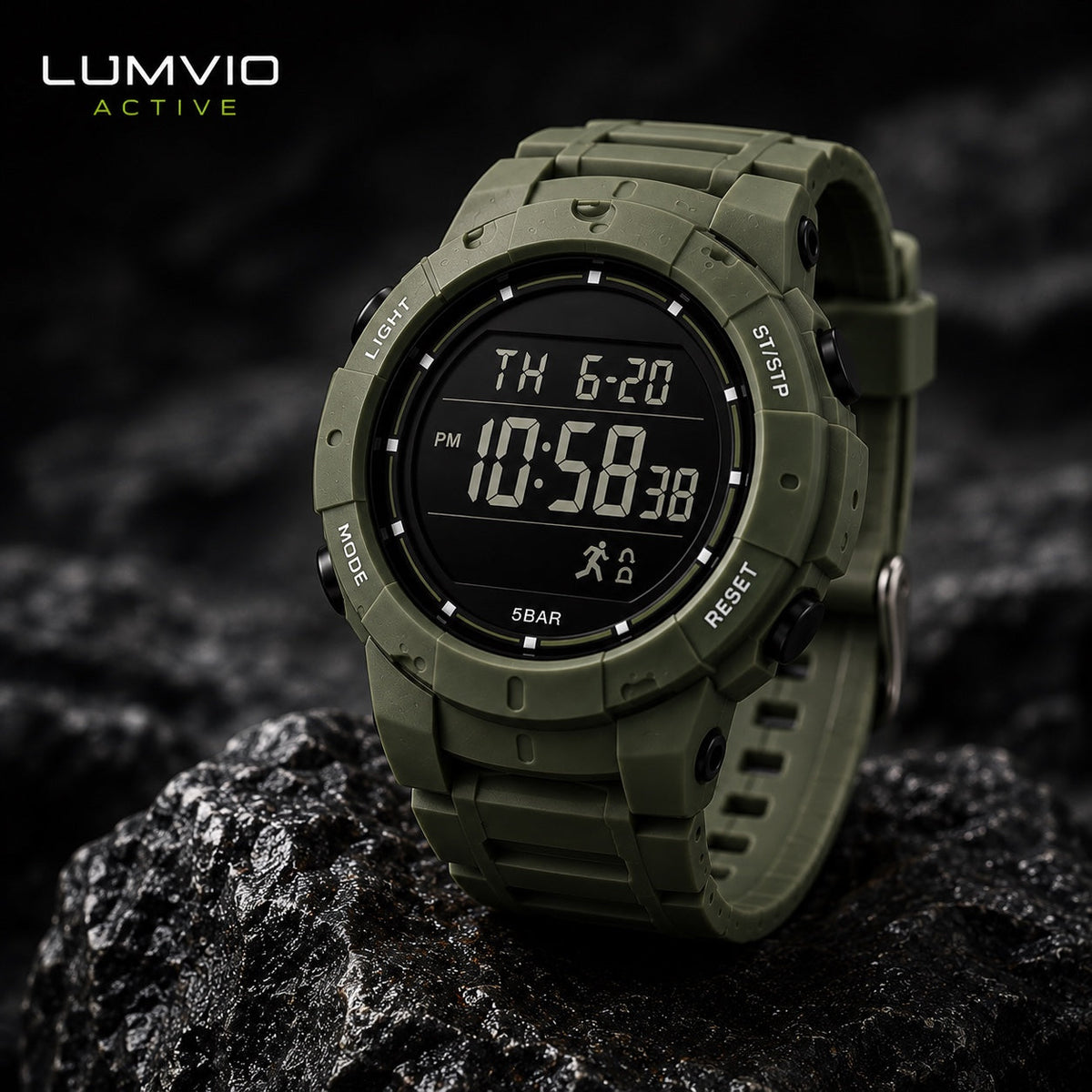 שעון ספורט דיגיטלי יוניסקס בצבע ירוק צבאי - Lumvio Active