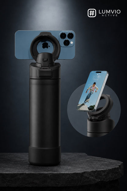 בקבוק תרמוס שחור עם מעמד מגנטי לטלפון - Lumvio Active