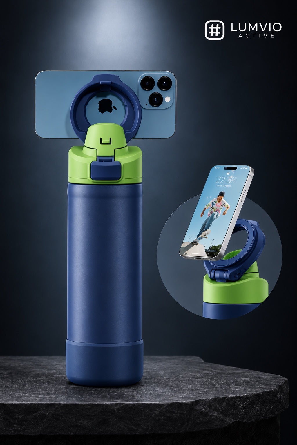 בקבוק תרמוס כחול עם מעמד מגנטי לטלפון - Lumvio Active