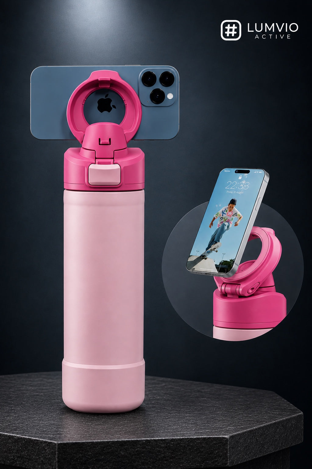 בקבוק תרמוס ורוד עם מעמד מגנטי לטלפון - Lumvio Active