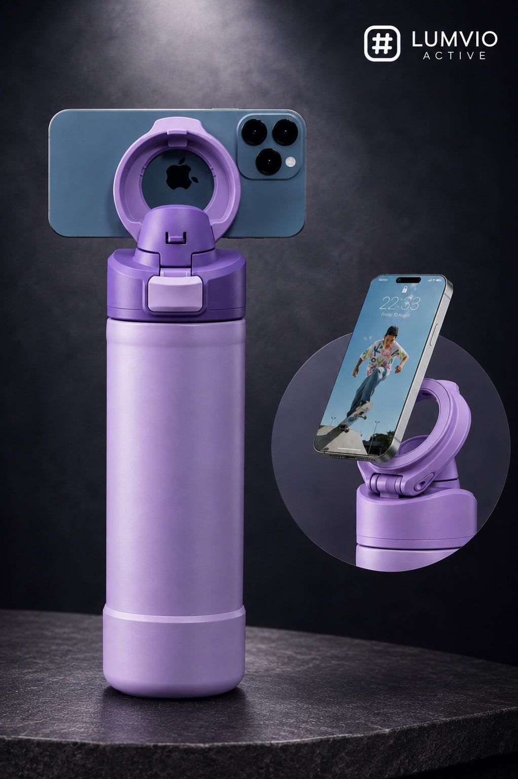 בקבוק תרמוס סגול עם מעמד מגנטי לטלפון - Lumvio Active